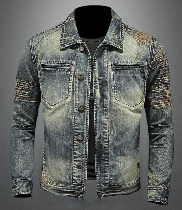 Denim Jacket Men Distressed Lapel Vintage Outwear Personalized slim fit Stand Up Collar Zipper Cowboy Cycling Motor 250530