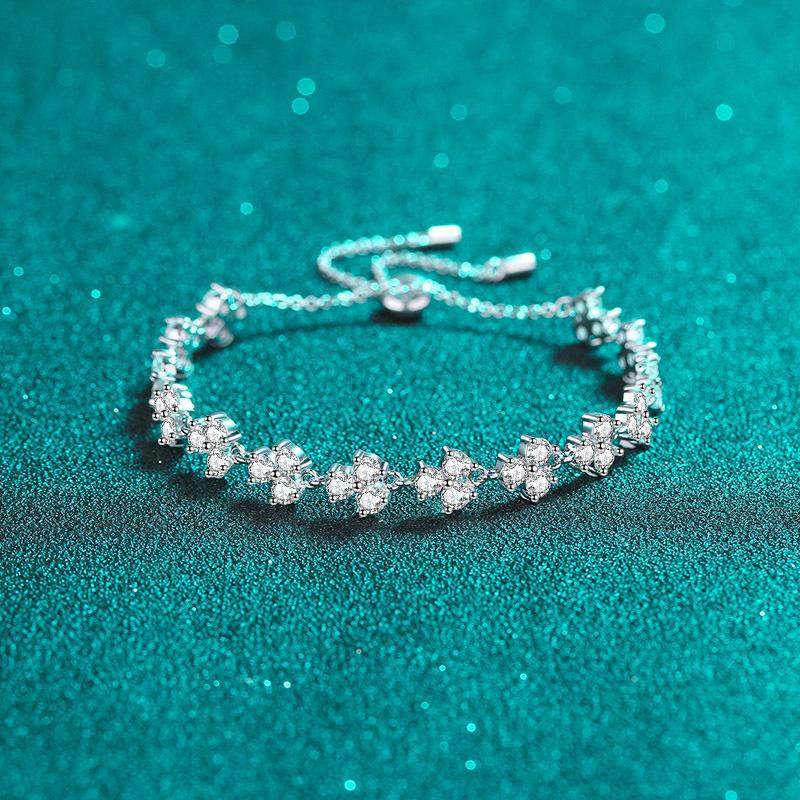 925 Sterling Silver Lucky Clover Moissanite Adjustable Bracelet with PT950 Platinum Plating for Women - Wholesale Jewelry