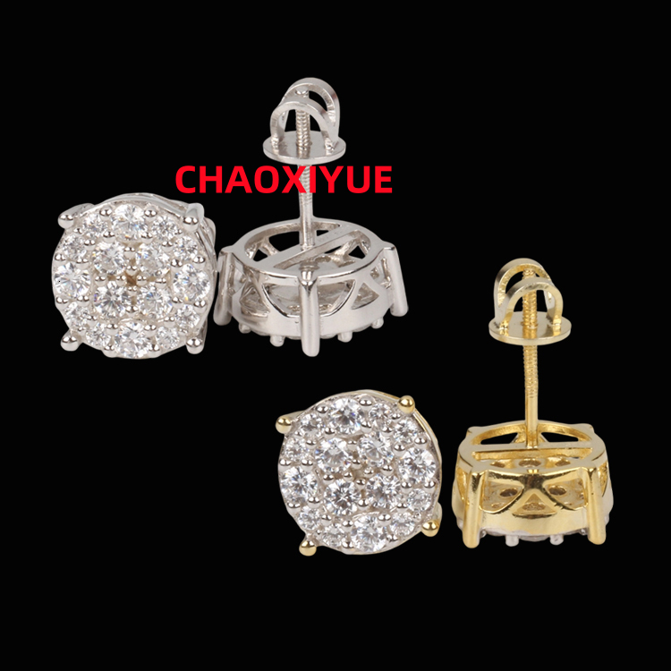Mens Iced Out Hip Hop Moissanite Diamond Stud Earrings Sterling Silver 925 White Gold Plated Screw Back Stylish Earrings