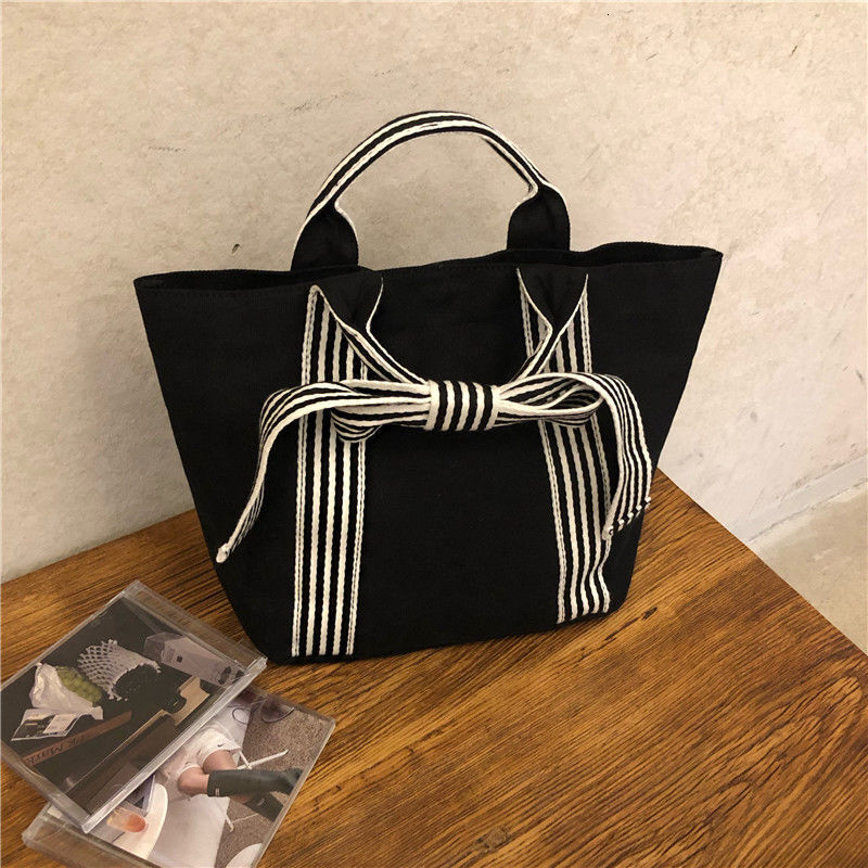 designer New Fashion Versatile Trendy Striped Bow Canvas Bag Retro Canvas Korean Style Women's Handbag Dark Style Tote Bag
