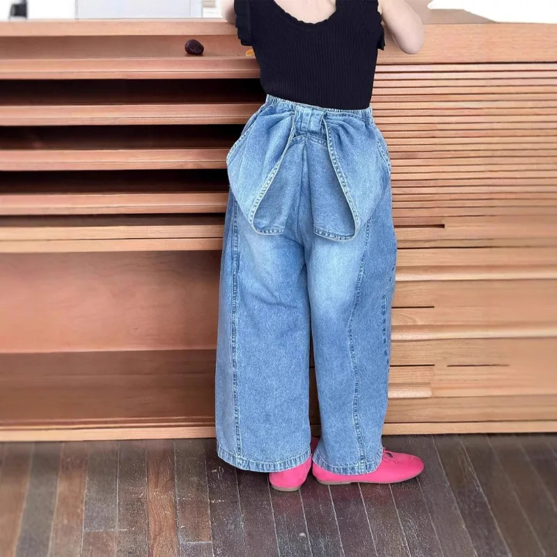 Summer Baby Girls Stylish Pants with Korean Bow Fashionable Wide Leg Straight Leg Jeans 250527