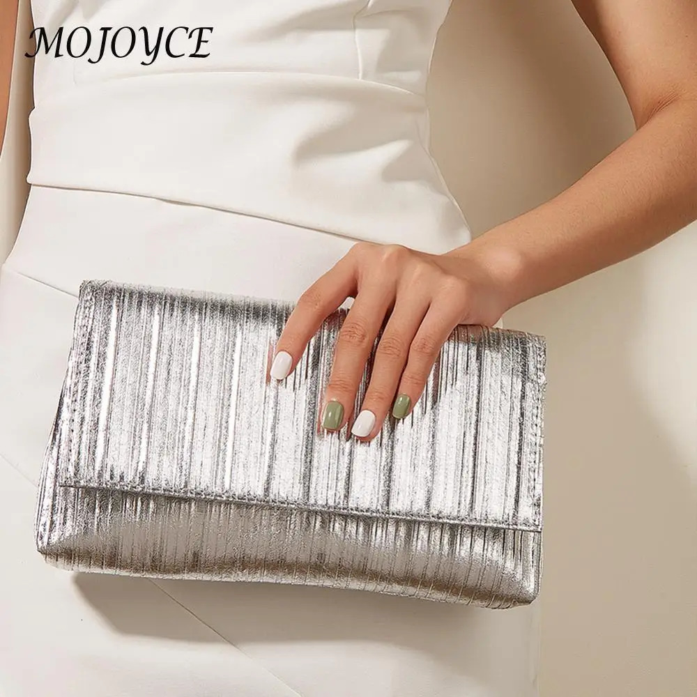 Women Clutch Purse Pleated Metallic PU Shoulder Bag Flap Crossbody Purse Shiny Hobo Bag Wedding Party Bridal Purse 250528