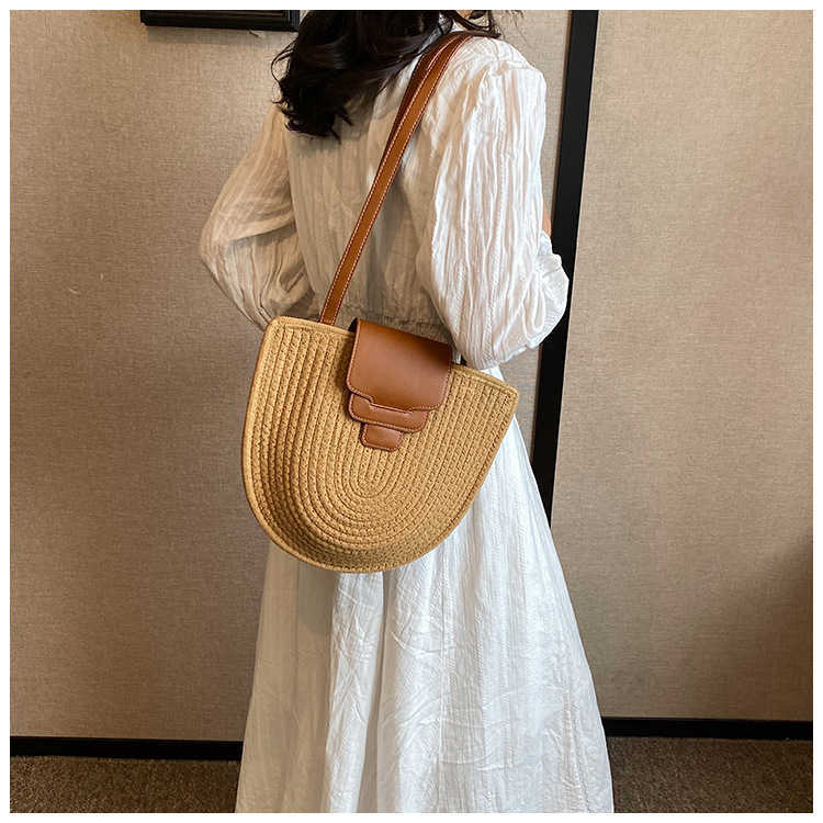 New Fashion Cotton Rope Large Capacity Beach Straw Woven Holiday Woven Crossbody Bag Simple Cover Shoulder Bag