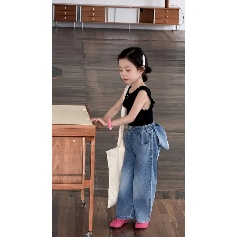 Summer Baby Girls Stylish Pants with Korean Bow Fashionable Wide Leg Straight Leg Jeans 250527
