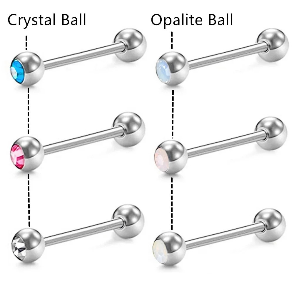 6X Mixed Type Opalite Crystal 16mm 19mm 22mm Tongue Bar Steel 6mm Ball Nipple Ring Barbell Body Piercing Set 14g 250526