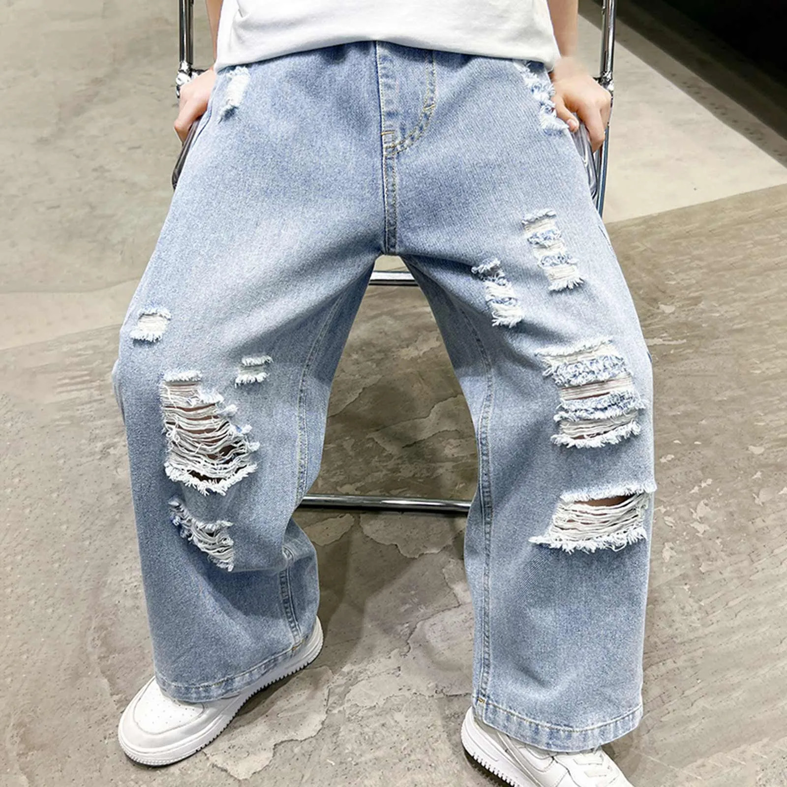 Boys Jeans Spring Summer Teenagers Fashionable Overalls Ripped Denim Trouser Straight Style Loose Casual Girls Outfits 250527