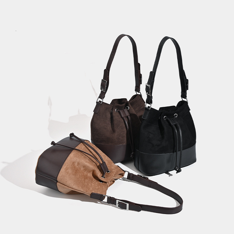 designer Korean Style Women's Niche Design Suede and Leather Handbag Bucket Bag Autumn Winter Retro New Fashion Patchwork Shoulder Bag