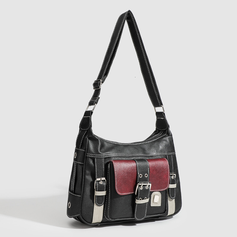 designer Vintage Retro Bag Personality Soft Leather Y2K Hot Girl Motorcycle Bag Women 2025 New Color-Block Shoulder Crossbody Bag Trendy