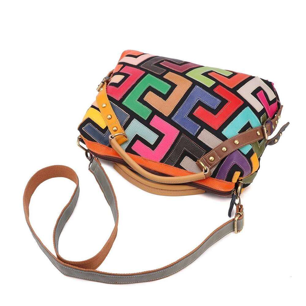Designer Luxury Leather Geometric Pattern Multi-Color Color Patchwork Riveted Handbag Shoulder Crossbody Bag For Women