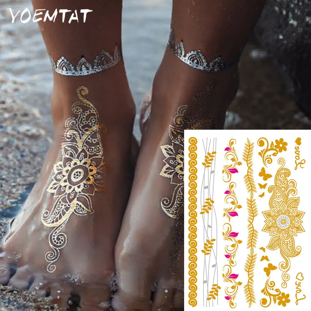 Waterproof Temporary Tattoo Sticker Hand Henna Flower Mandala Gold Silver Metallic Boho Lotus Totem Flash Tatoo Body Art Women 250530
