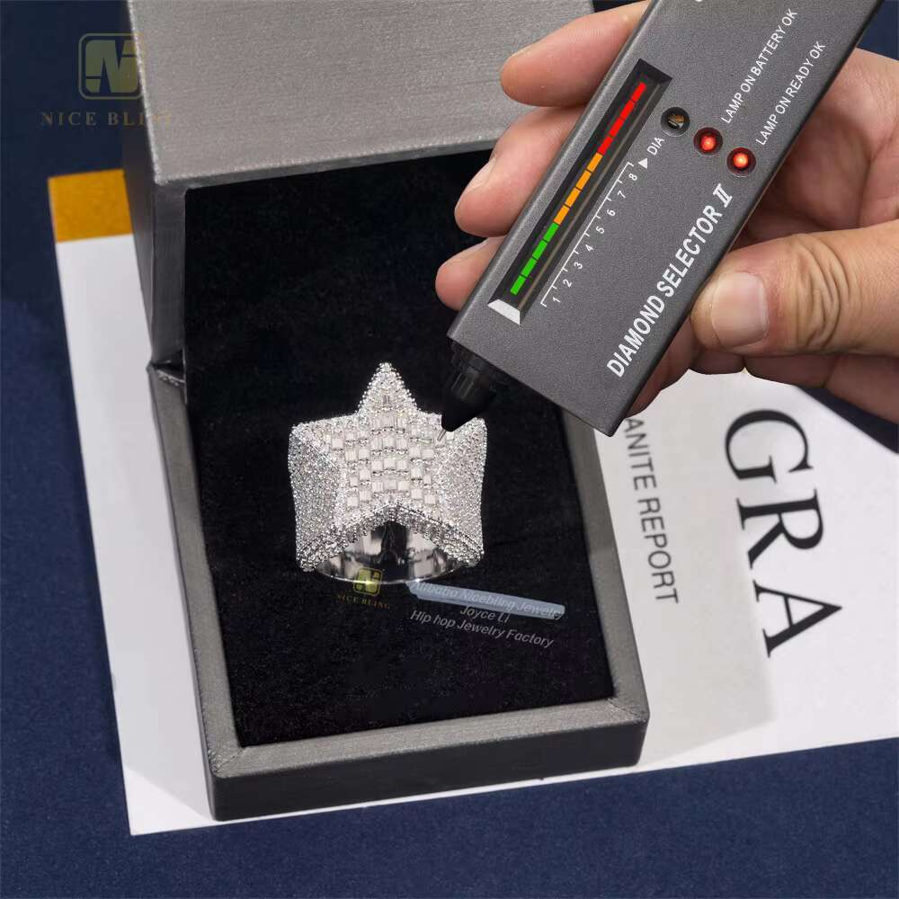 New Arrival Moissanite Hip Hop Men Ring Sterling Silver 925 Gold Plated Iced Out Baguette Moissanite Star Ring for Men