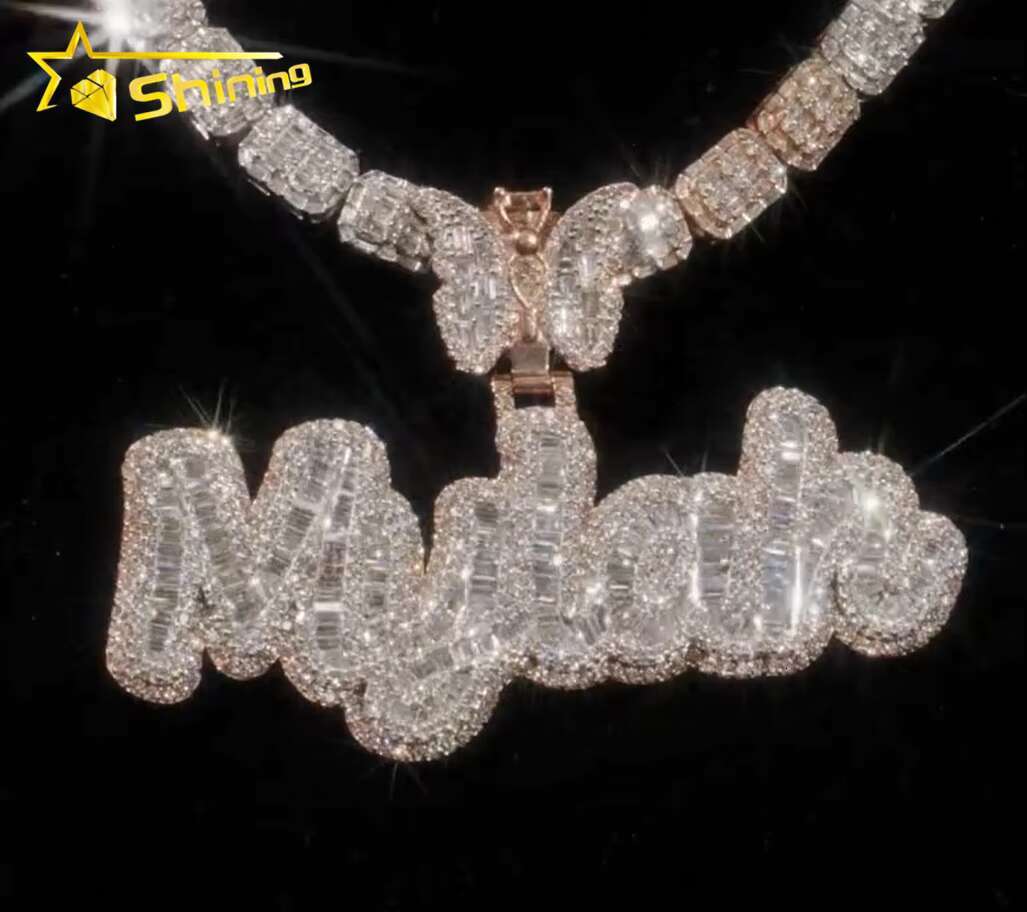 High Quality Hand-made Custom Hip Hop Pendant Necklace Iced Out Fashion 925 Silver VVS Moissanite Name Letter Pendant Mens