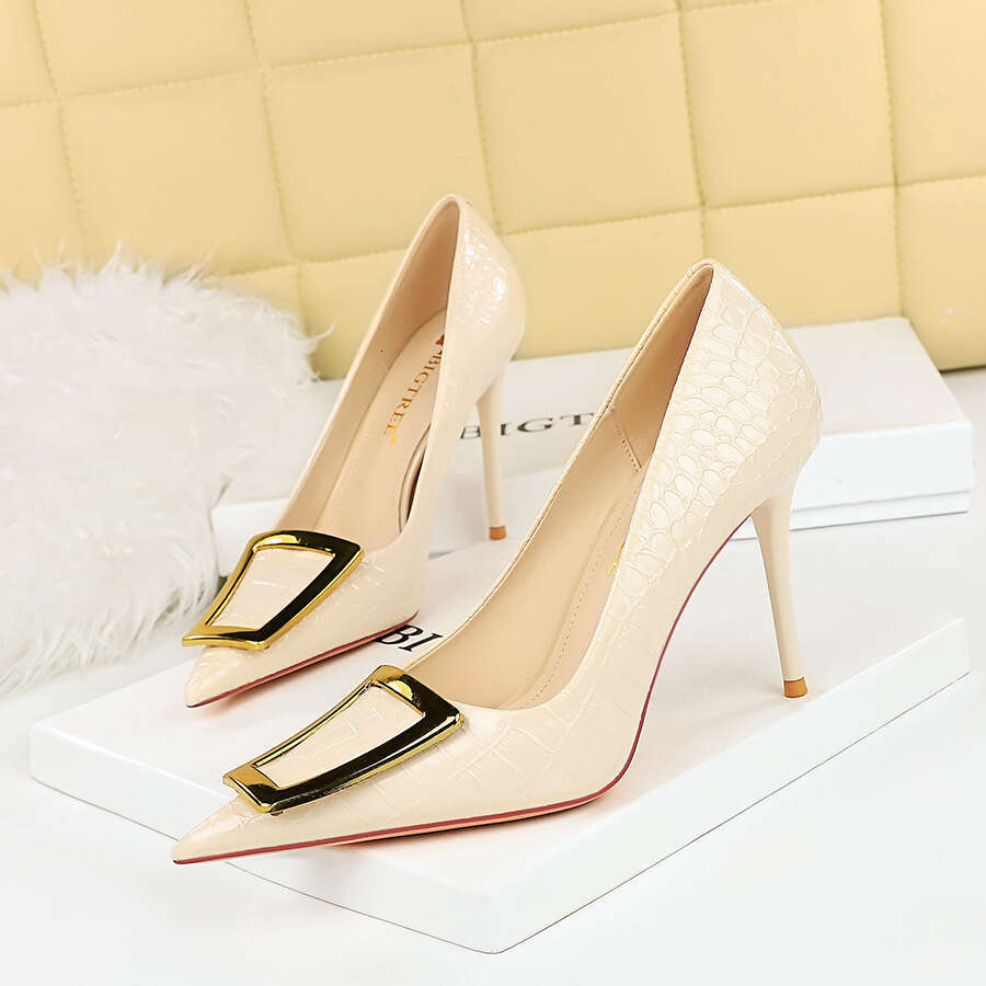 3391-26 Korean Style Fashion Elegant Slimming Stiletto High Heels Shallow Mouth Pointed Toe Metal Buckle Single Shoes for Women