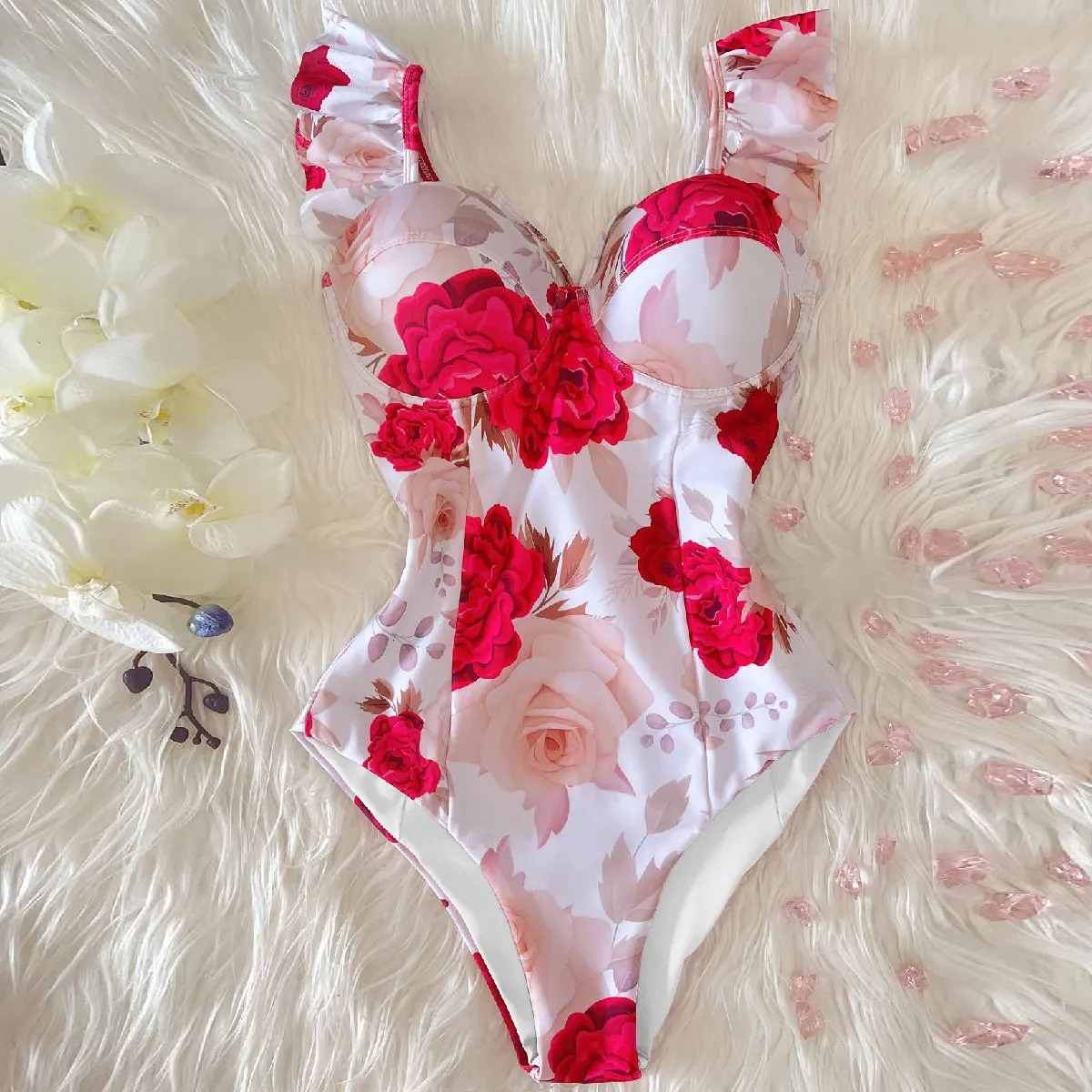 2025 Print Swimwear Deep V-neck Ruffle Swimsuit Push Up One Piece Swimsuit Beach Wear Backless Monokini 250530