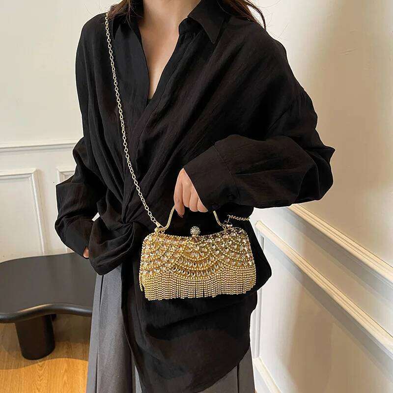 MOODS Rhinestone Tassel Evening Banquet Bag Glitter Ladies Clutch Purse With Chain Wedding Dinner Party Designer Handbags