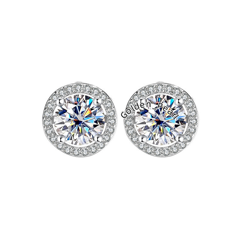 Fine Jewelry 925 Sterling Silver Round Moissanite Zircon Halo Stud Earrings