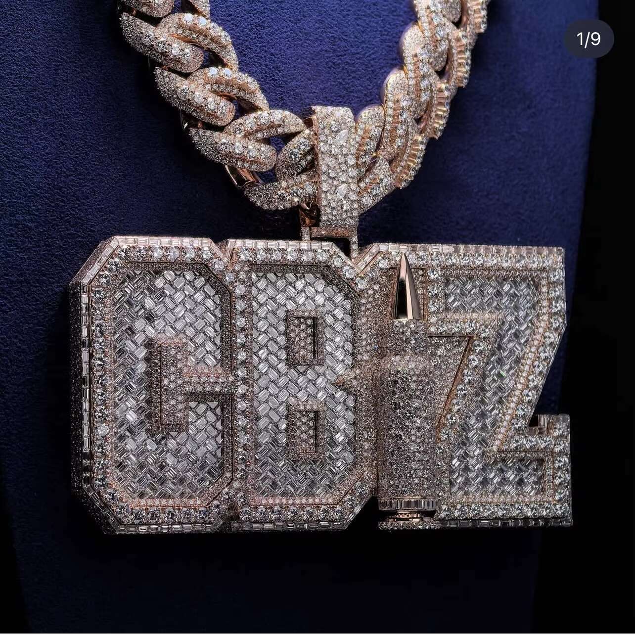 Baguette Mix Round Cut Custom Made 3 Letters Mosaic Setting Rose Gold Plated Moissanite Vertical Name Pendant