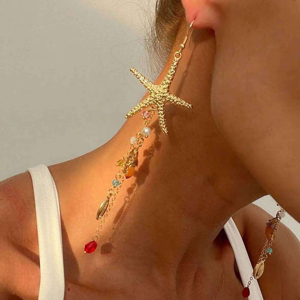 Ingemark Boho Starfish Jellyfish Imitation Pearls Crystal Long Tassels Women Trendy Piercing Drop Earrings Y2k Jewelry