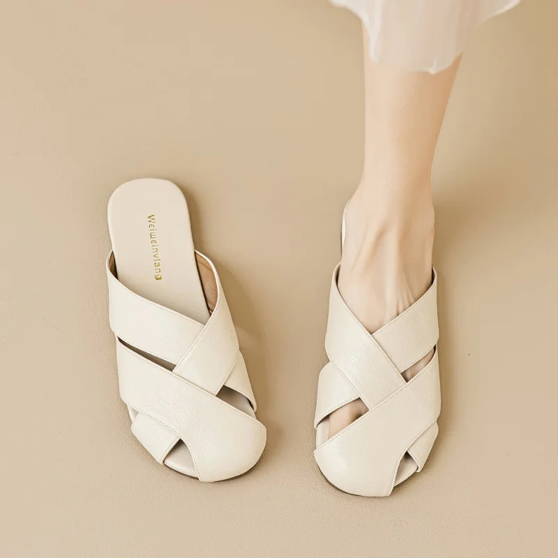 summer womens outerwear slippers Korean style Trendy shallow mouth mary jane shoes mules Ladies casual flats 250528