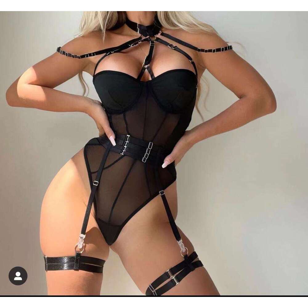 Spell Lingerie Porn Suits INS Style Sexy Mesh See Through Cross Strap Halter Neck Leg Ring Erotic Tight Bodysuit Sexy Lingerie