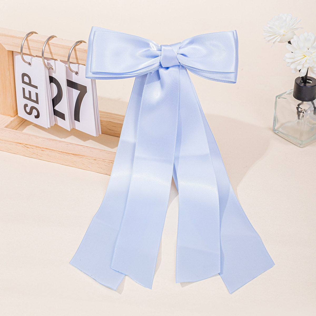 European American Best Selling Large Double Layered Satin Bow Hair Clip Solid Color Long Ribbon Back of Head Barrette