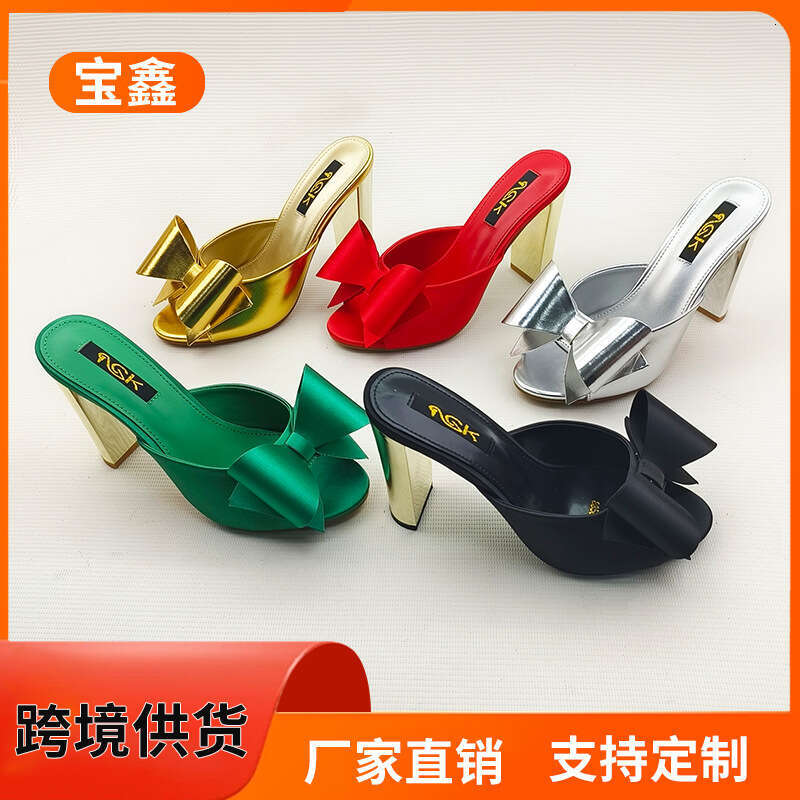 Fashion Shoes 2025 Spring New Open-Toe Bowknot Chunky High Heel Slippers High-End Feel Age-Reducing