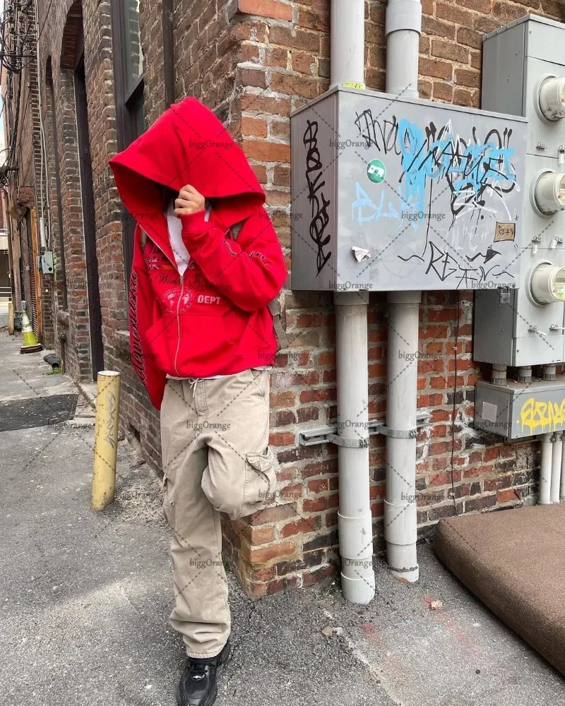 American Hip Hop Goth Punk Oversized Zipper Hoodie Men Y2K Casual Fashion High Street Trendy Streetwear Sweatshirt Women 250526