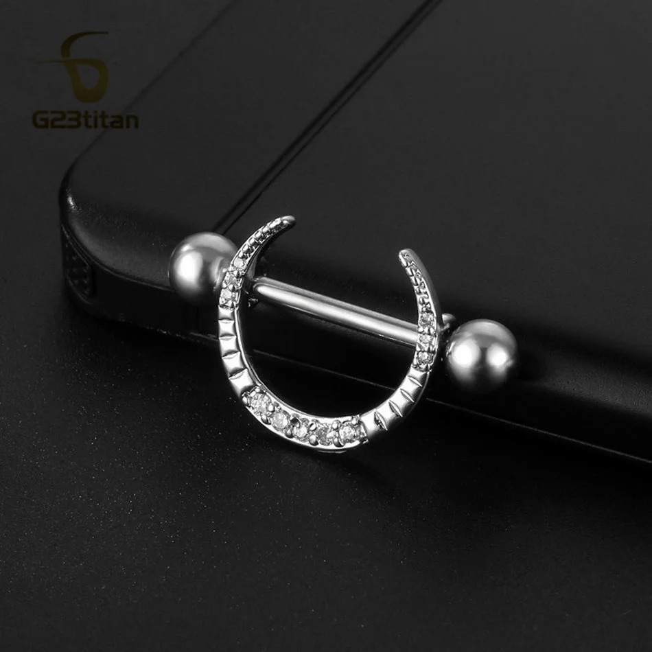 2pcs Micro Inlaid Zircon Moon Shaped Nipple Ring 14G 16mm Length Straight Steel Barbell Body Piercing Jewelry Adornment 250526