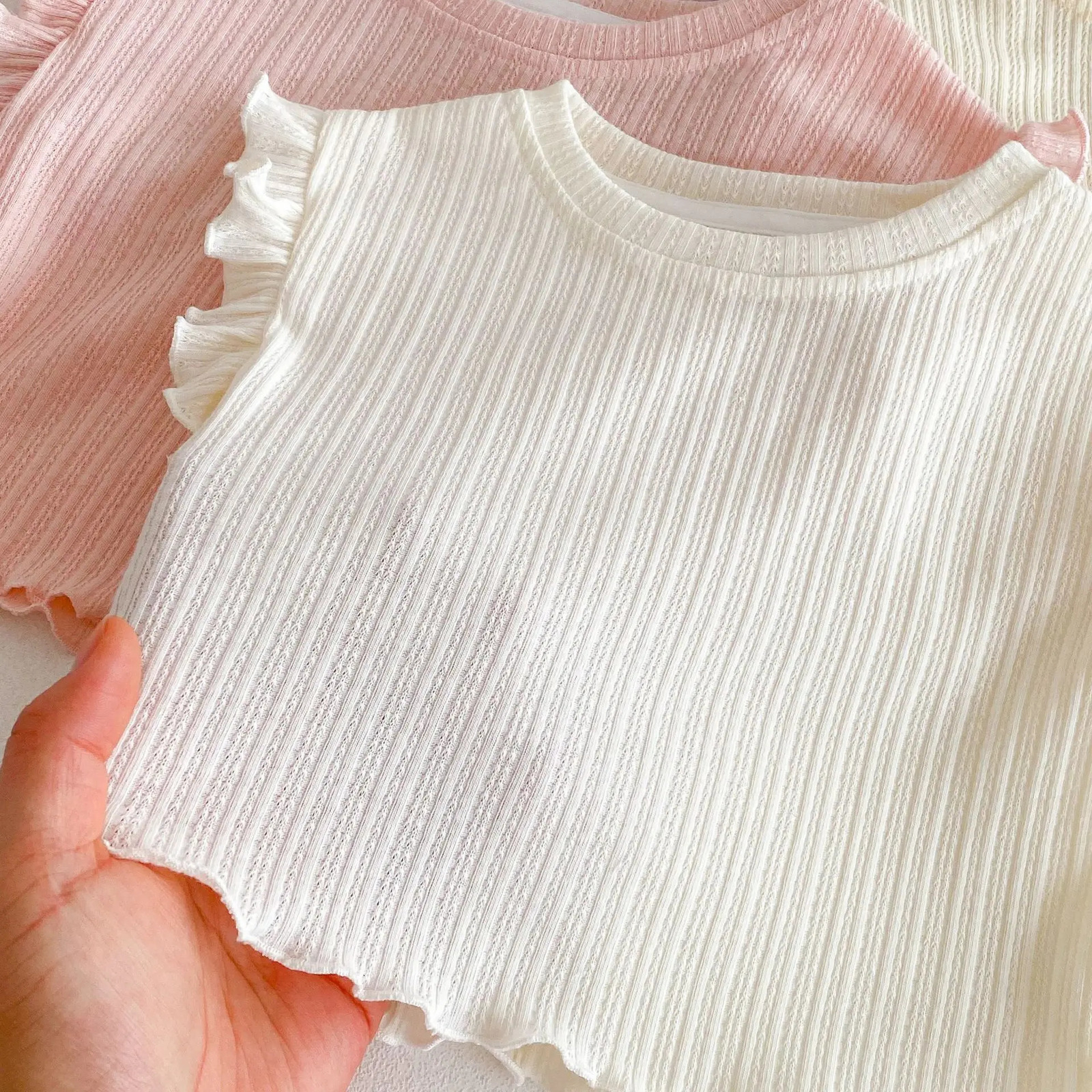 Girls Sleeveless Tees Sets Kids Solid Color Ruffled Vest Shorts 2pcs Suit Summer Baby Outfits Childrens Clothing 250527