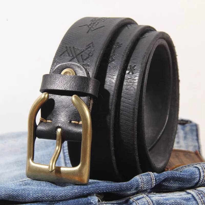 Extra Thick Cowhide Personality Brass Horn-shaped Buckle Head Men's Retro Laser Engraving Lucky Phaeton Symbol Jeans Belt