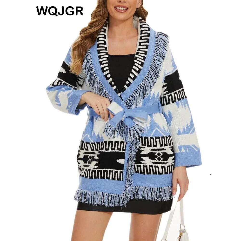 WQJGR High Quality Jacquard Cardigan Sweater Women Geometry Cashmere Kniited Tassel Loose Full Sleeve Fashion Autumn Winter