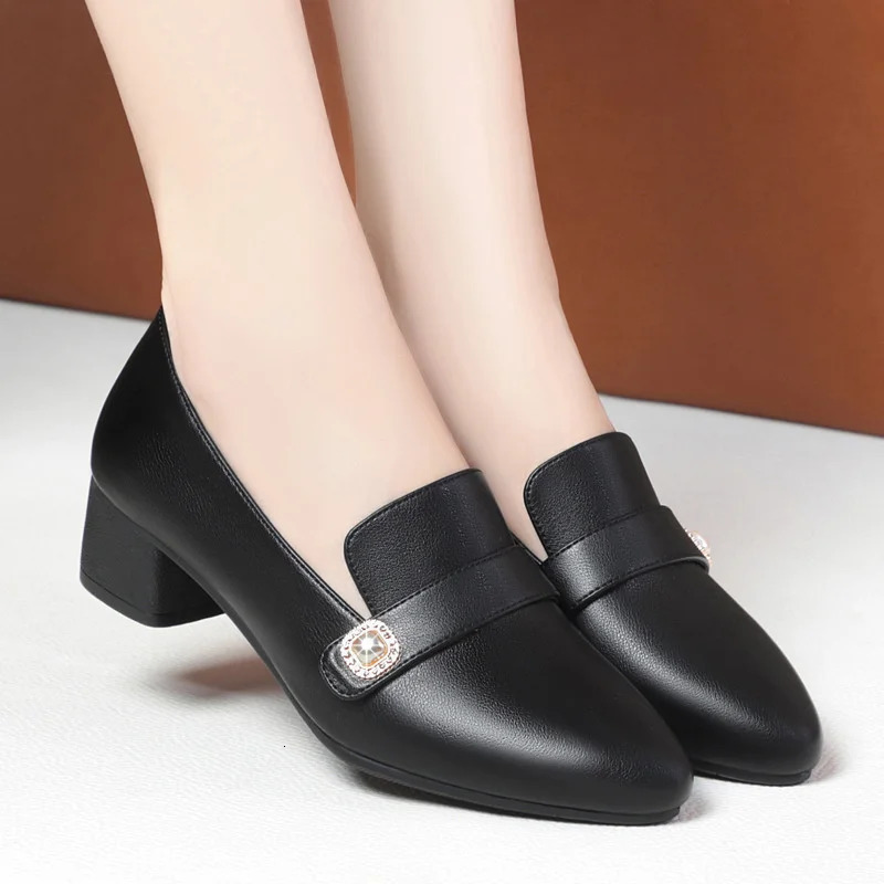 Comfort Women Pumps Point Toe Block Heels Concise Pearl Slip-On Mules Summer Soft Leather Soft Sole Casual Shoes 250528