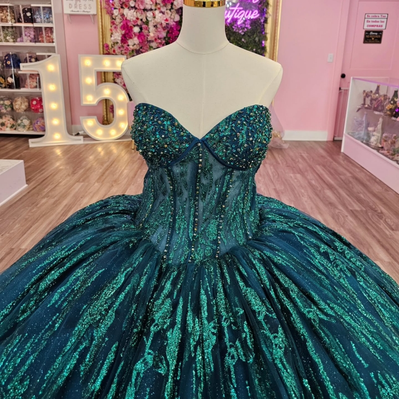Blackish Green Quinceanera Dresses Ball Gown Off The Shoulder Applique Lace Beading Tull Party Birthday Sweet 16 Dress Vestidos