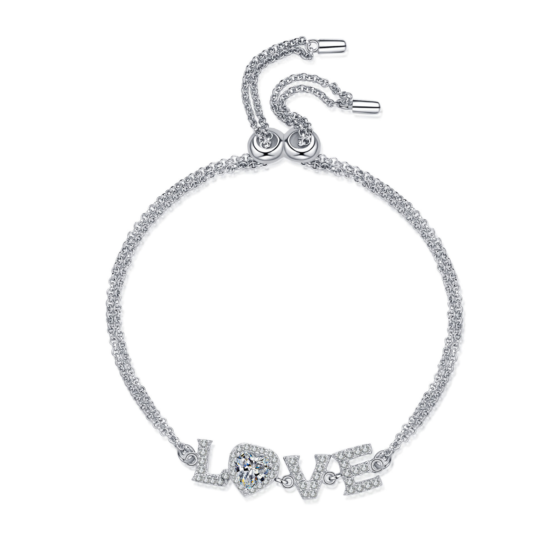 925 Sterling Silver LOVE Bracelet with Heart-Shaped Moissanite, Platinum Plated, Adjustable Chain, Perfect Gift for Valentine's Day