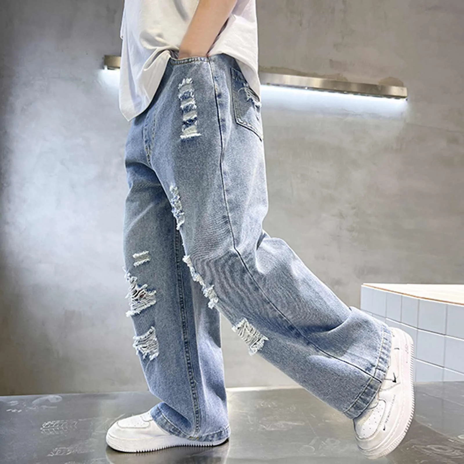 Boys Jeans Spring Summer Teenagers Fashionable Overalls Ripped Denim Trouser Straight Style Loose Casual Girls Outfits 250527