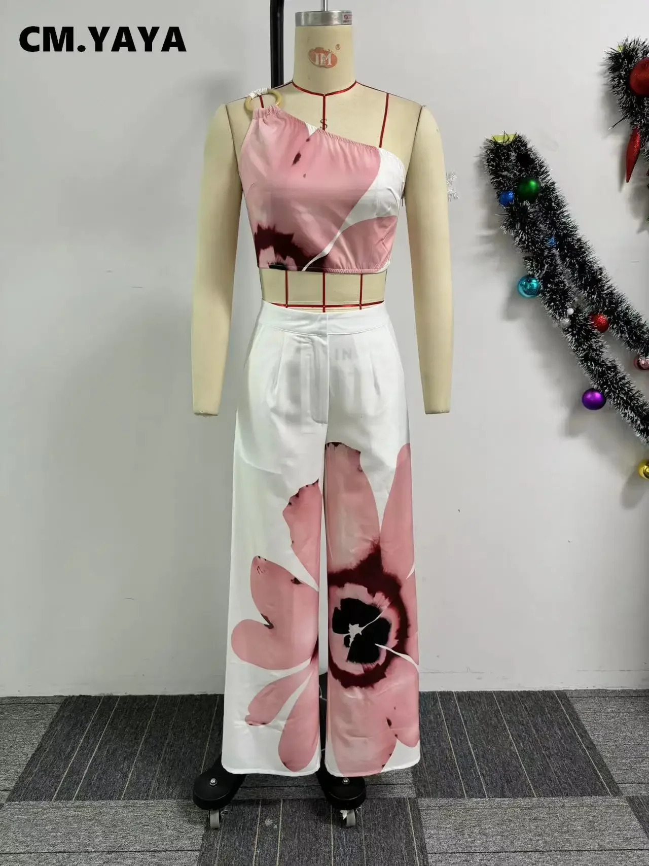 CM.YAYA Women Set Floral Print Sleeveless Skew Collar Tops Wide Leg Pants Two 2 Piece Set Outfit Summer Street Tracksuit 250530