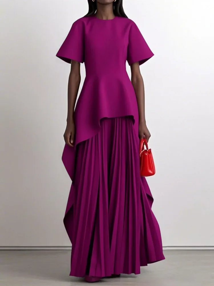 New Summer Women Pleated A-Line Dress Vintage Elegant Solid Color Split-Joint Round-Neck Loose Evening Maxi Dresses