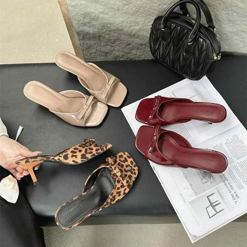 Summer Women Square Toe High Heel Slippers Fashion Butterfly-knot Dress Slide Ladies Evening Party Sandalias 250528