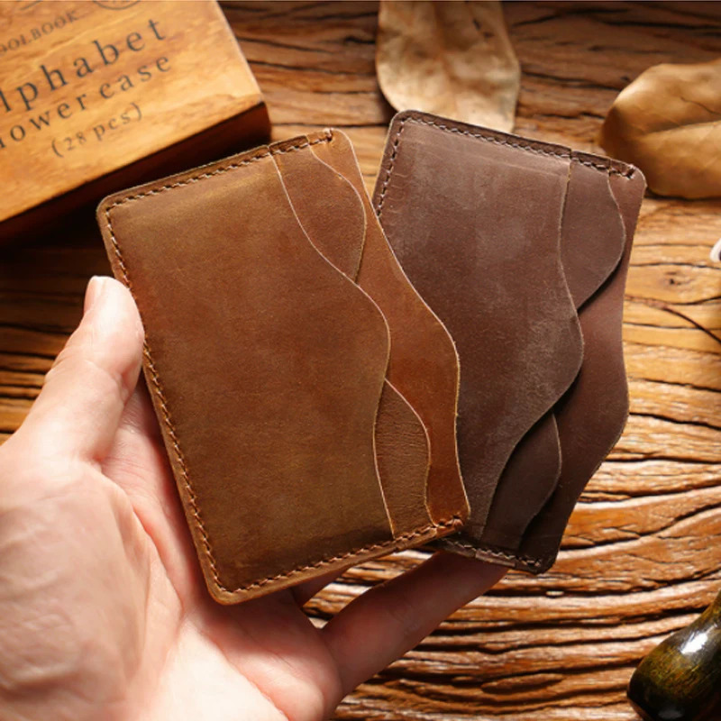 Vintage Crazy Horse Leather Wallet - Handmade Top Layer Cowhide Card Holder for Women/Men Compact Card Collection Organizer 250528
