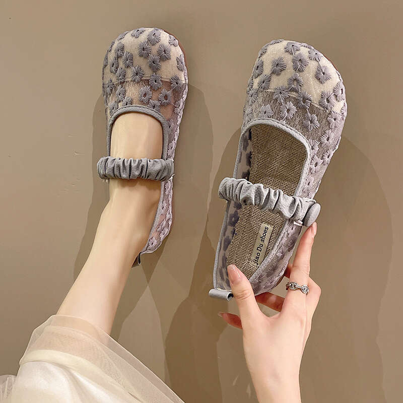 Beige Floral Ballet Flat Semi-Transparent Women's Shoes 2024 New Spring Autumn Slip-On Soft Sole Loafers