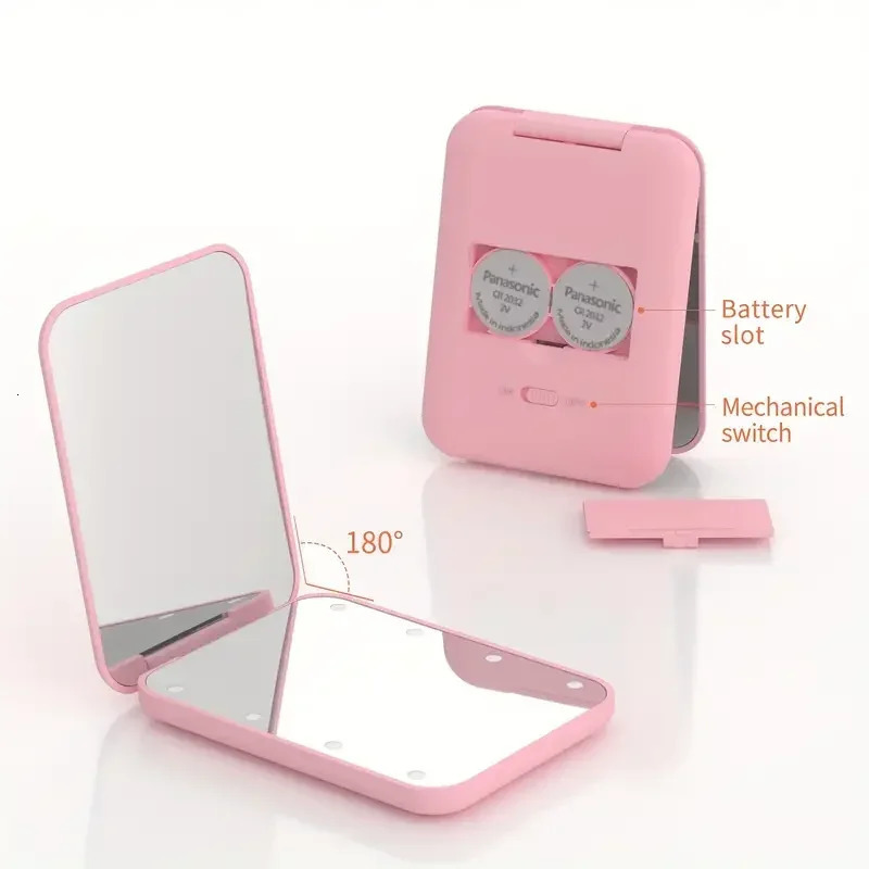 Mini Compact Led Makeup Mirror With Light 2X Magnifying Small Pocket Portable Travel Pink Black Foldable Cosmetic Vanity Mirrors 250530