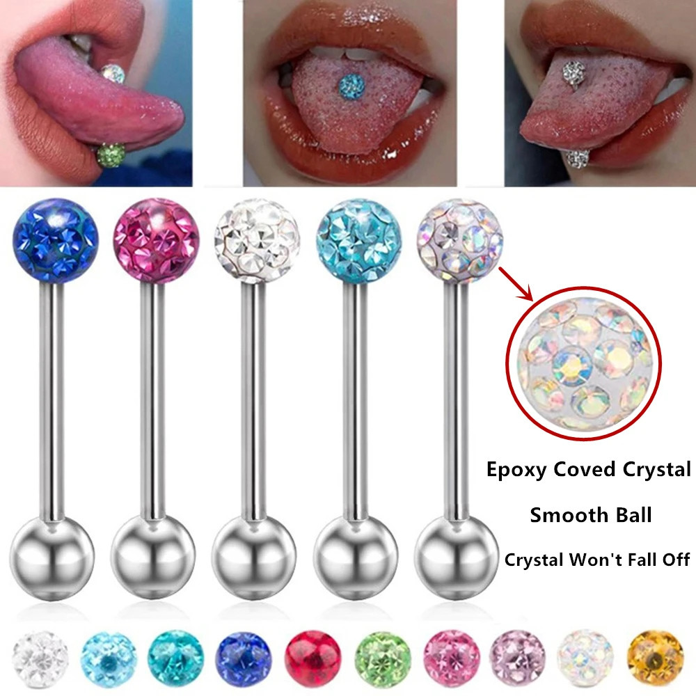 6X 14g Mixed Type Crystal 16/19/22mm Tongue Bar Barbell Steel 6mm Ball Nipple Ring Body Piercing Jewellery Set 250526