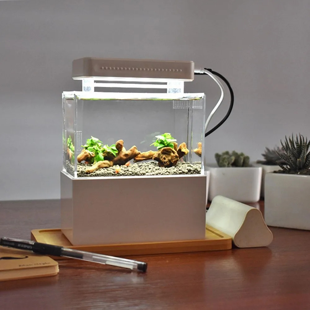 Mini Betta Fish Tank Acrylic Aquarium Desktop Decorations Marine Aquaponic Fishes Bowl With Water Fliter USB Air Pump LED Light 250530