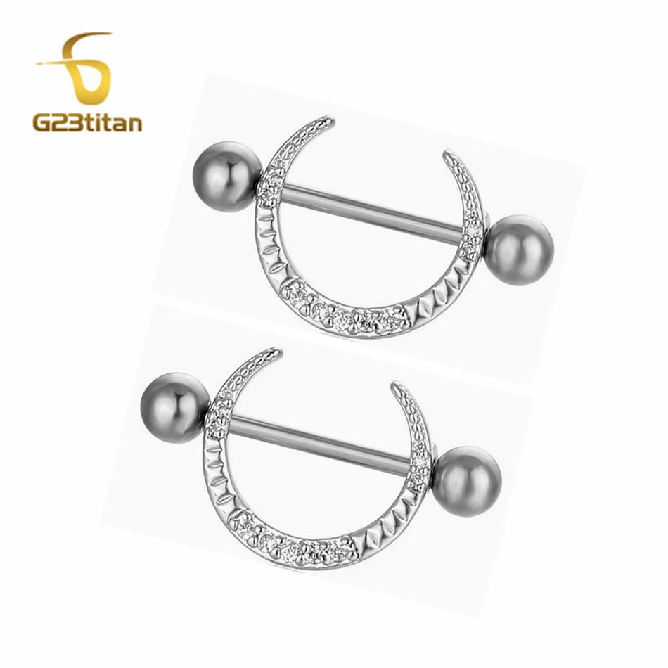 2pcs Micro Inlaid Zircon Moon Shaped Nipple Ring 14G 16mm Length Straight Steel Barbell Body Piercing Jewelry Adornment 250526