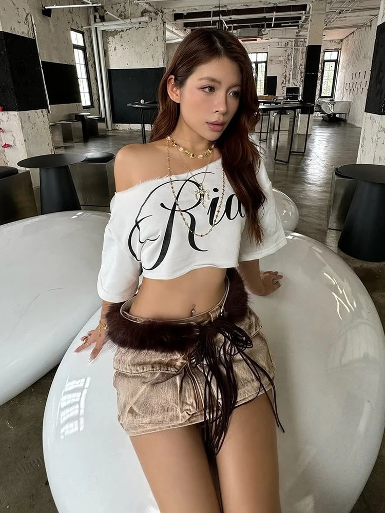 Nibber Loose Letter Print Mini t-Shirt Women Summer Trend Biased Collar Versatile Street Skinny Simple Classic Party Daily Tops 250530