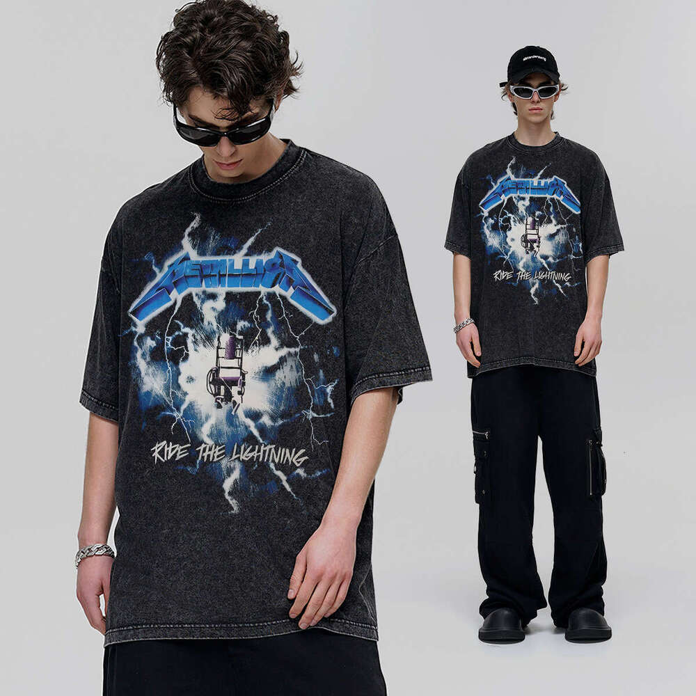 American Style Washed Short Sleeve T-Shirt for Men Summer Loose Fit Handsome Printed Tee