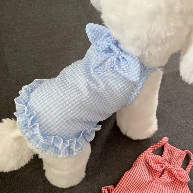 T00357 Dog clothes cute plaid bow suspender skirt pet spring and summer thin style dog cat Teddy Bichon Frise