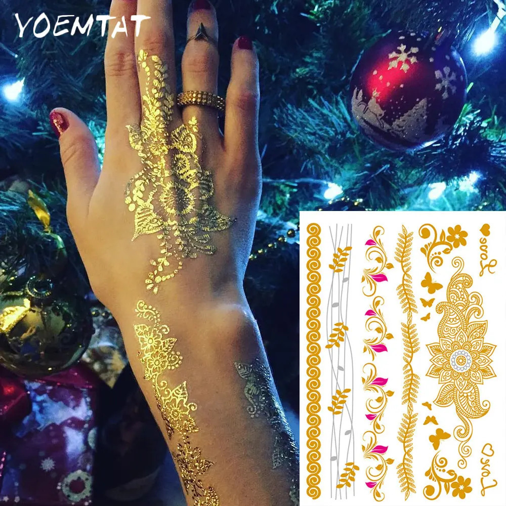 Waterproof Temporary Tattoo Sticker Hand Henna Flower Mandala Gold Silver Metallic Boho Lotus Totem Flash Tatoo Body Art Women 250530