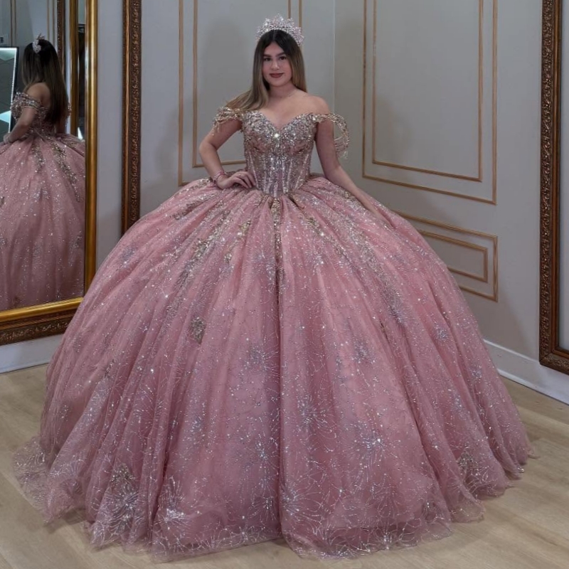 Pink Shiny Princess Quinceanera Dresses Off Shoulder Applique Lace Beading Crystal Bow Tull Sweet 16 Dress Ball Gown Vestidos 15 Anos