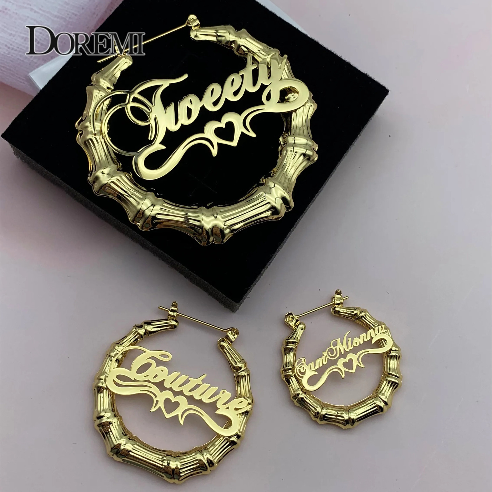 Stainless Custom Bamboo Earrings Heart Hoop Personalized Name Earrings Personalized Jewelry Letter Earrings for Women MOM Gift 250529